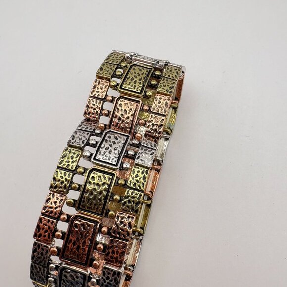 Tri Tone Metal Stretch Bracelet with Textured Panels Copper Silver Gold Tones - Picture 6 of 7